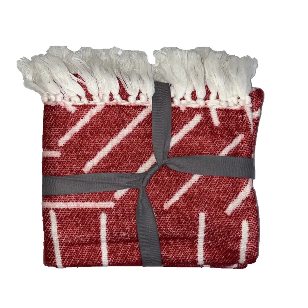 West Elm Red & White Line Pattern Fringe Knit Throw Blanket Size 50” x 60”